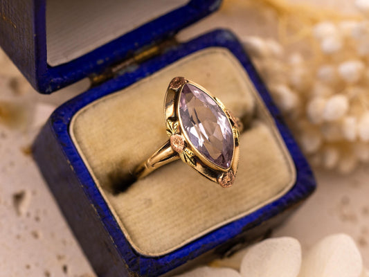 Vintage marquise spinel ring floral 10k solid yellow gold statement or engagement ring, genuine antique vintage marquise cut ring, size 4.5