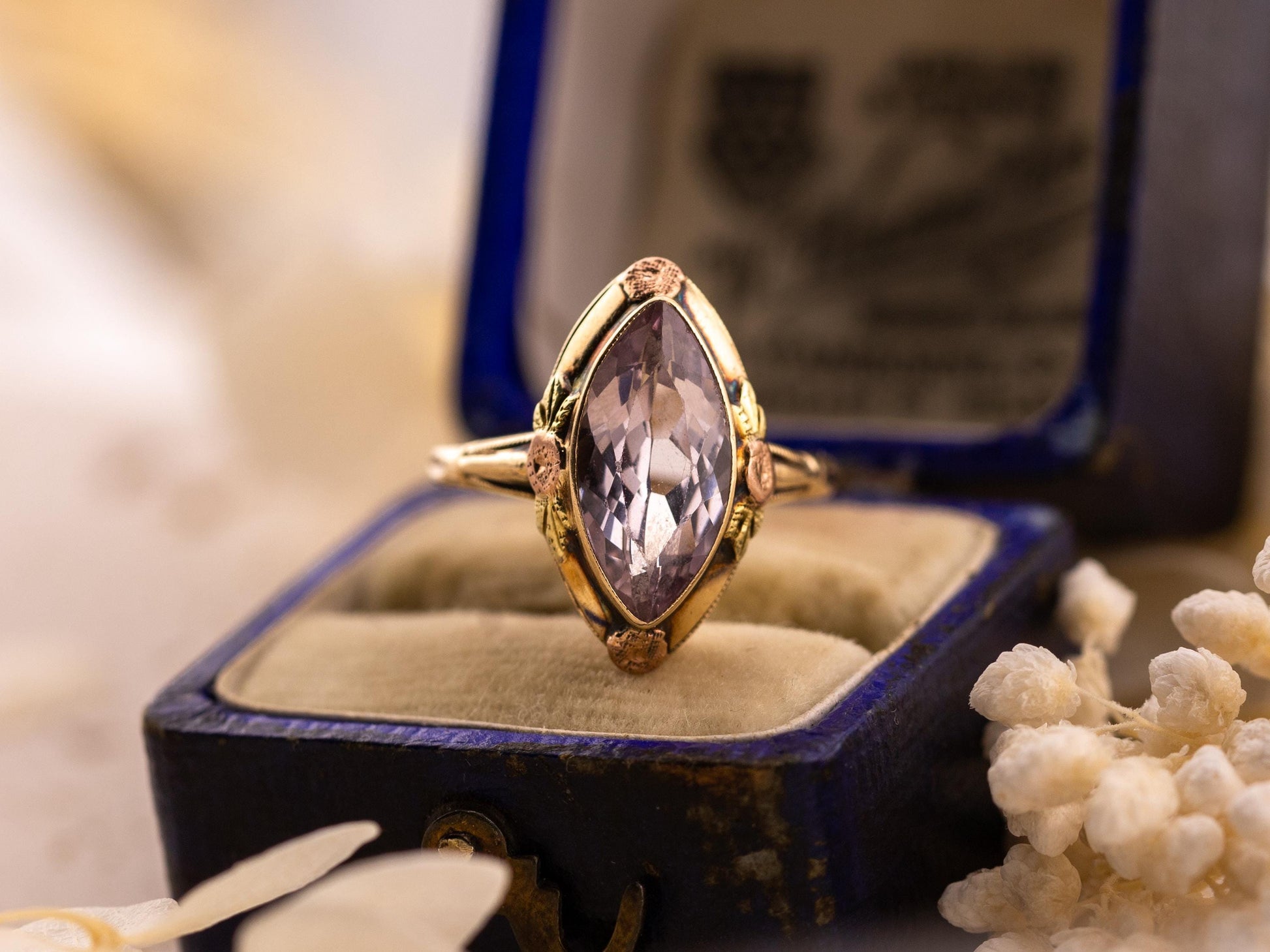 Vintage marquise spinel ring floral 10k solid yellow gold statement or engagement ring, genuine antique vintage marquise cut ring, size 4.5
