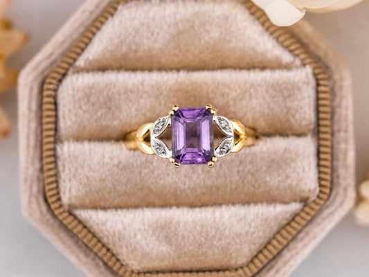 Vintage Amethyst and diamond ring 14k solid gold statement or engagement ring, genuine antique vintage emerald cut ring