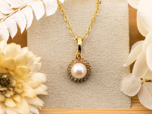 Vintage Pearl and diamond Necklace Pendant 14k solid yellow gold Necklace halo genuine cultured pearl and diamond necklace