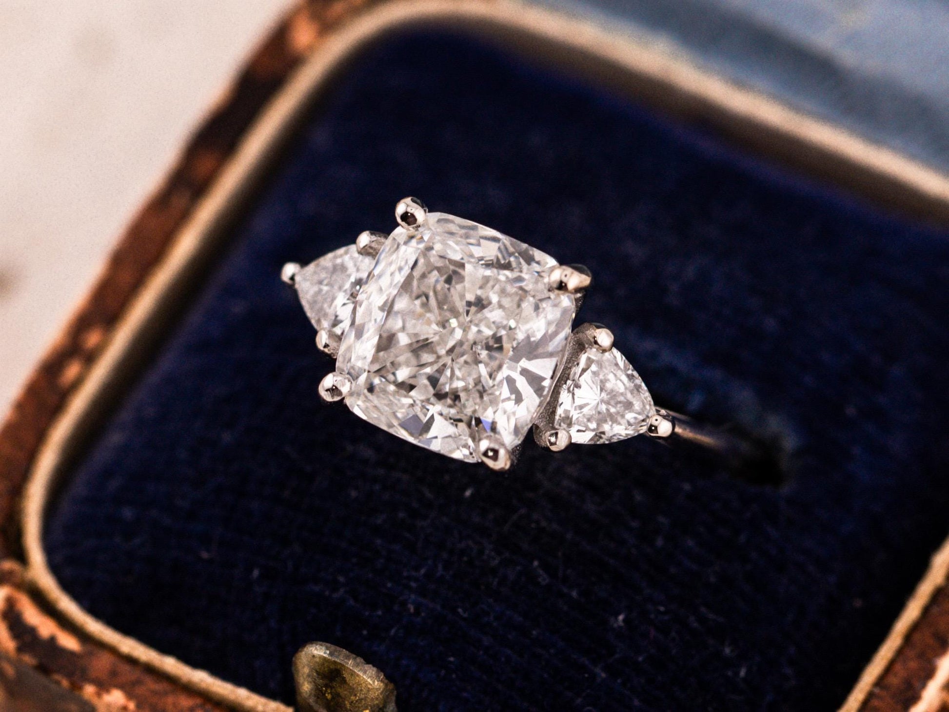 Cushion cut engagement ring three stone engagement ring lab grown diamond ring 3 carat solid gold IGI certified lab grown diamonds