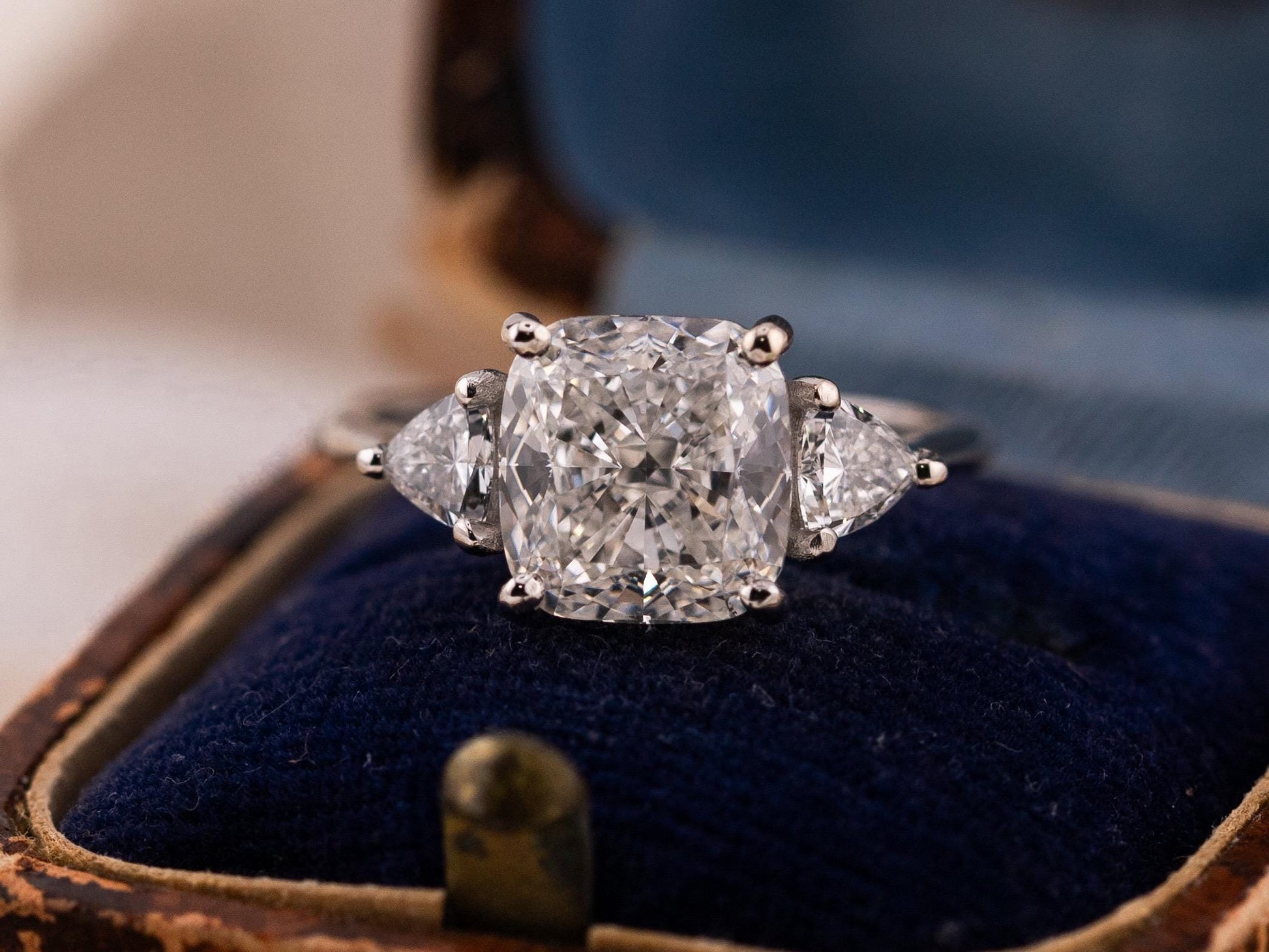 Cushion cut engagement ring three stone engagement ring lab grown diamond ring 3 carat solid gold IGI certified lab grown diamonds