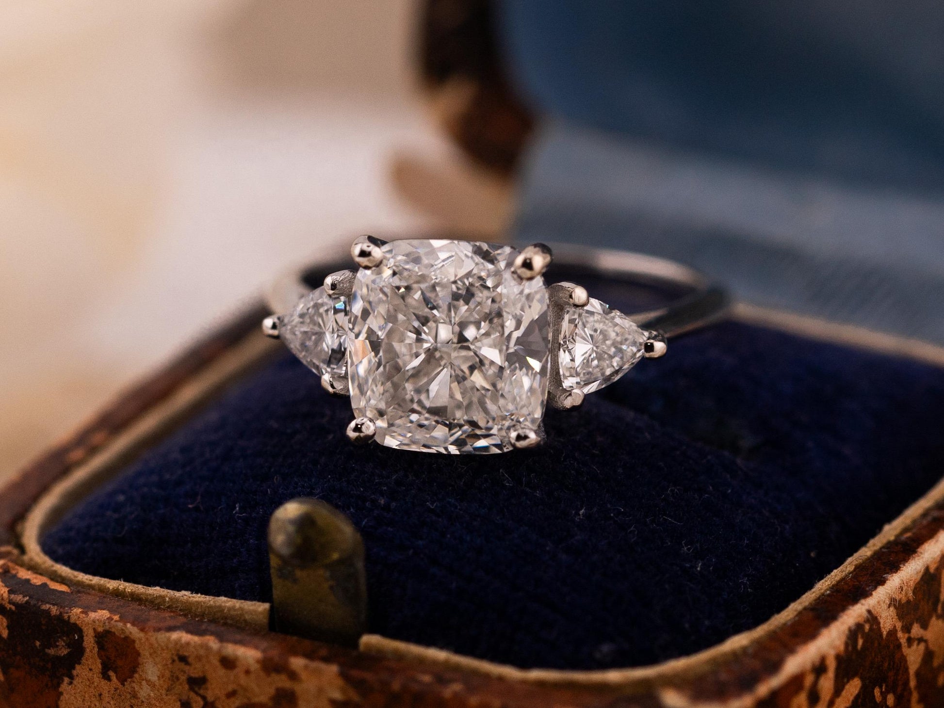 Cushion cut engagement ring three stone engagement ring lab grown diamond ring 3 carat solid gold IGI certified lab grown diamonds