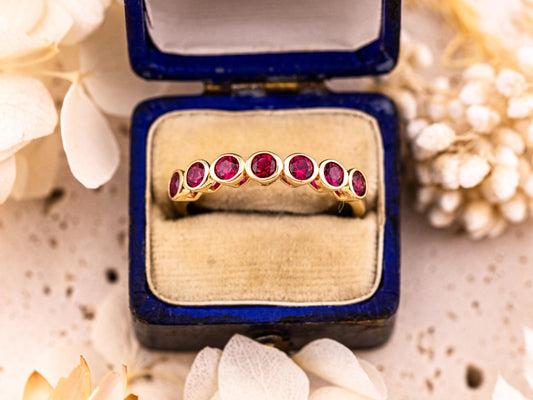 Ruby wedding band lab grown ruby ring bezel set 10k solid yellow gold