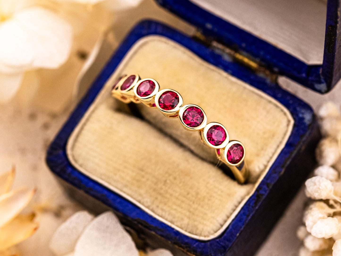 Ruby wedding band lab grown ruby ring bezel set 10k solid yellow gold