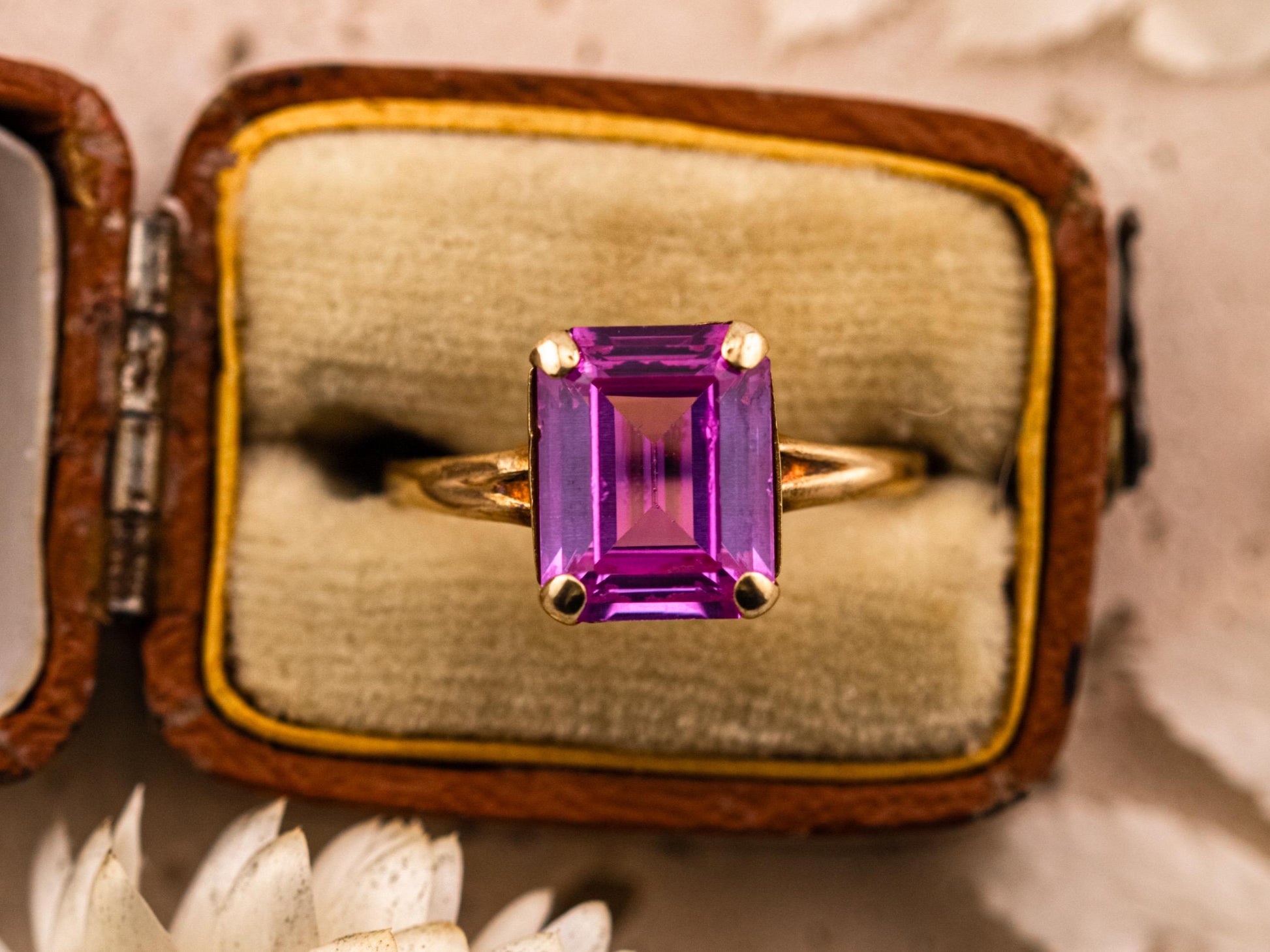 Vintage pink sapphire ring emerald cut ring 10k solid yellow gold ring, size 7.5