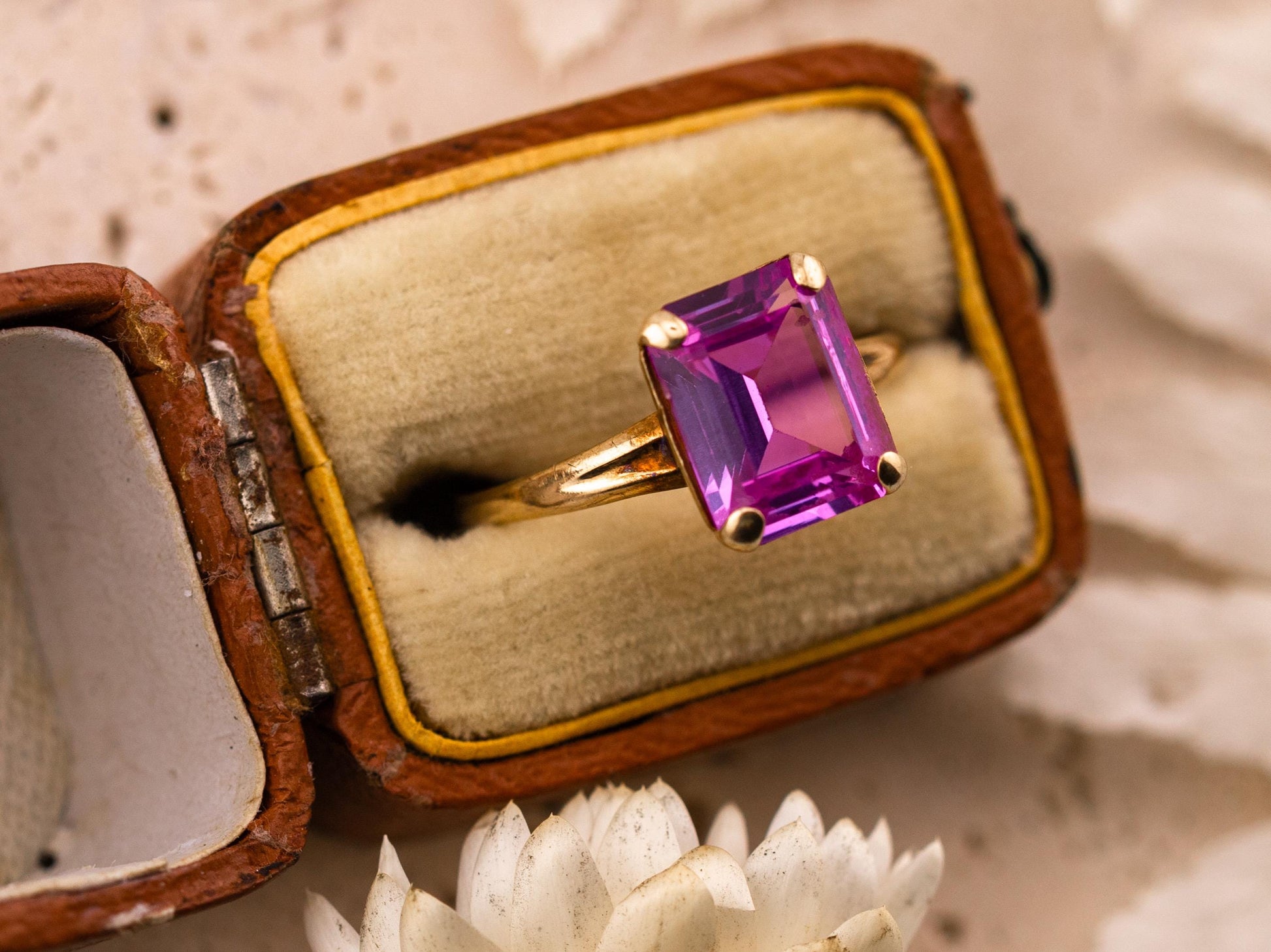 Vintage pink sapphire ring emerald cut ring 10k solid yellow gold ring, size 7.5