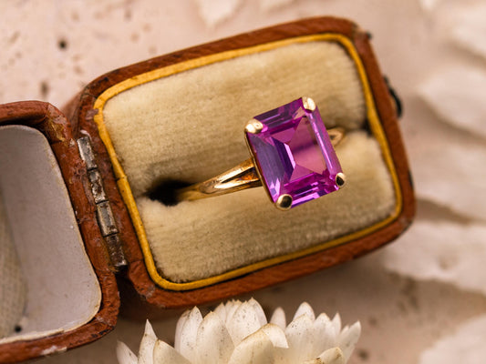 Vintage pink sapphire ring emerald cut ring 10k solid yellow gold ring, size 7.5