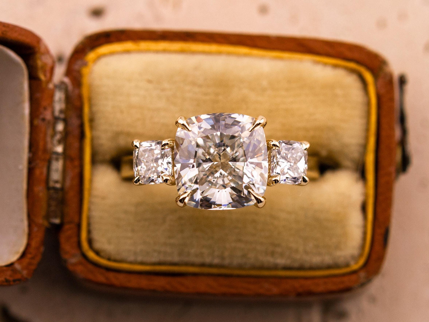 Cushion cut engagement ring three stone engagement ring lab grown diamond ring 3 carat solid gold IGI certified lab grown diamonds