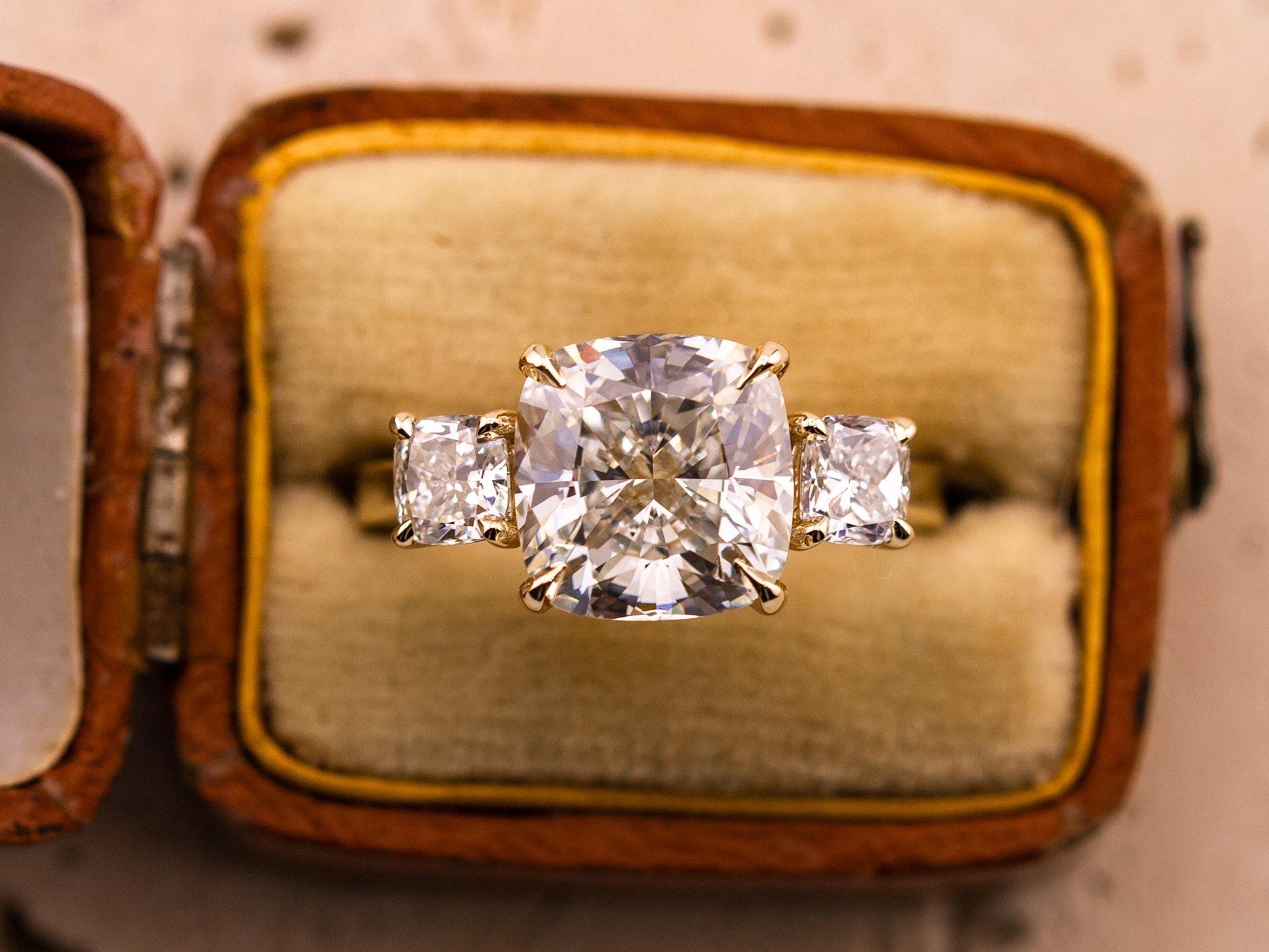 Cushion cut engagement ring three stone engagement ring lab grown diamond ring 3 carat solid gold IGI certified lab grown diamonds