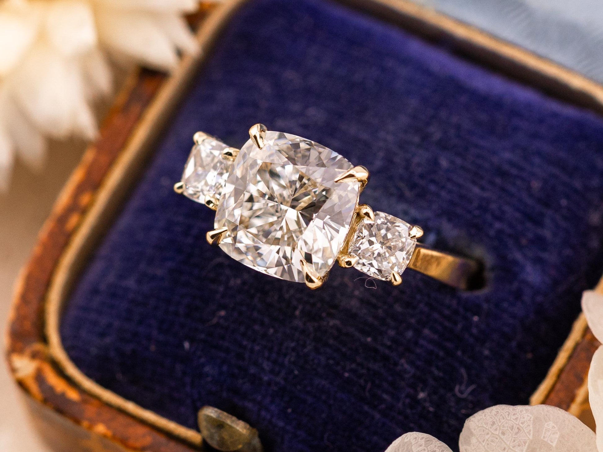 Cushion cut engagement ring three stone engagement ring lab grown diamond ring 3 carat solid gold IGI certified lab grown diamonds