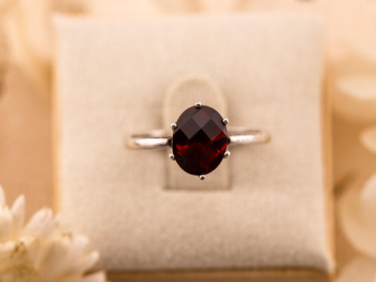 Garnet ring January birthstone ring solid sterling silver ring solitaire oval garnet, size 7