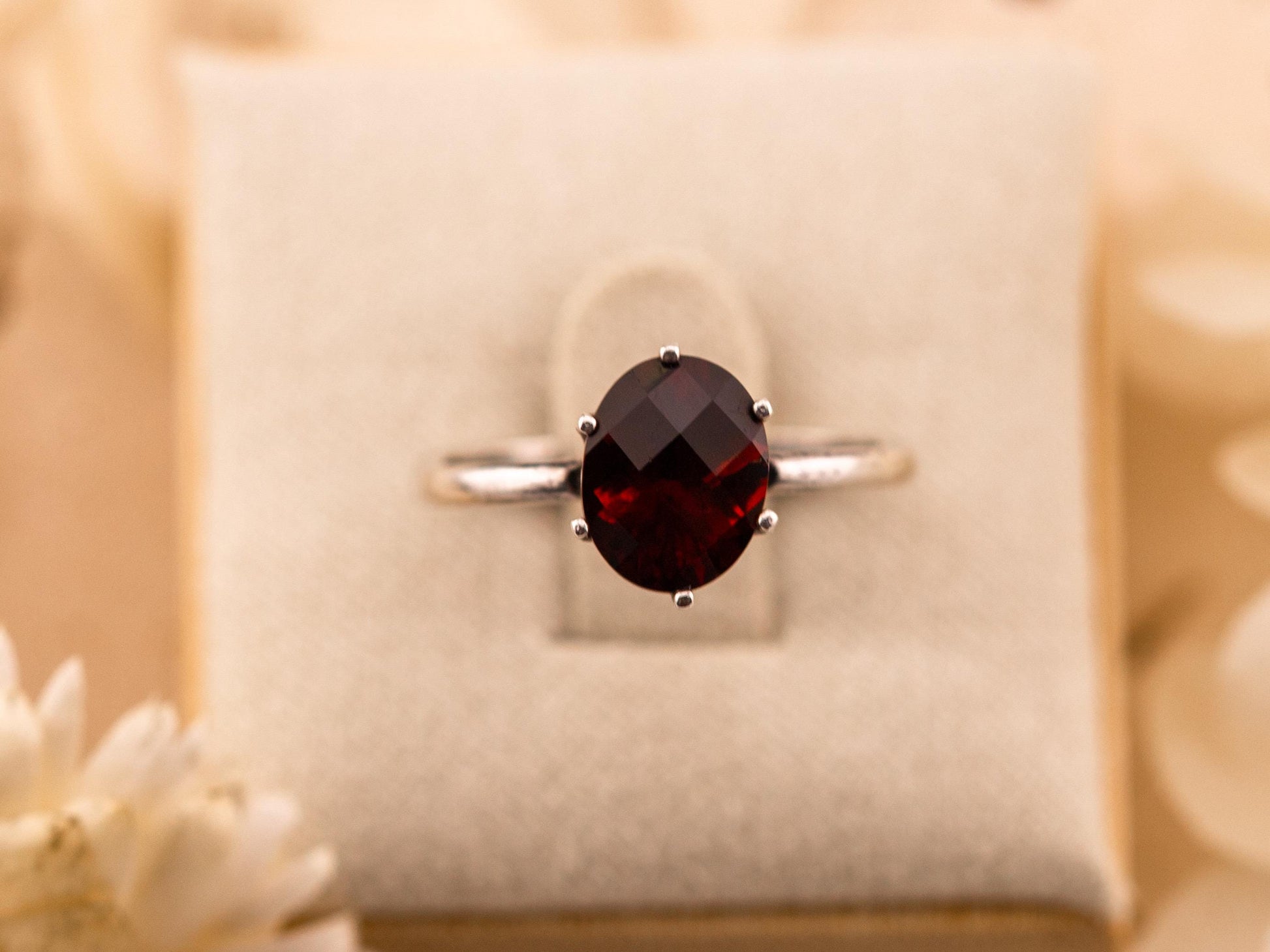 Garnet ring January birthstone ring solid sterling silver ring solitaire oval garnet, size 7