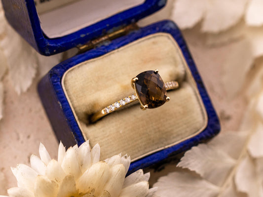 Smoky quartz and diamond ring 14k solid gold pave band ring statement or engagement ring cushion cut smoky quartz with pave band, size 7