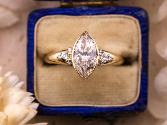 Marquise cut engagement ring lab diamond bezel set ring 14k solid gold engagement ring with side stones and chunky band IGI certified