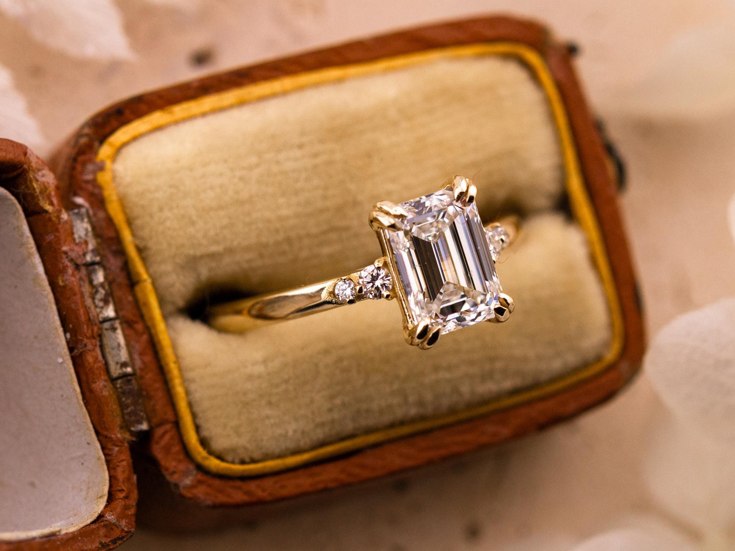 Emerald cut engagement ring with side stones and double claw prongs 14k solid gold lab grown ethical diamonds or moissanite IGI certified