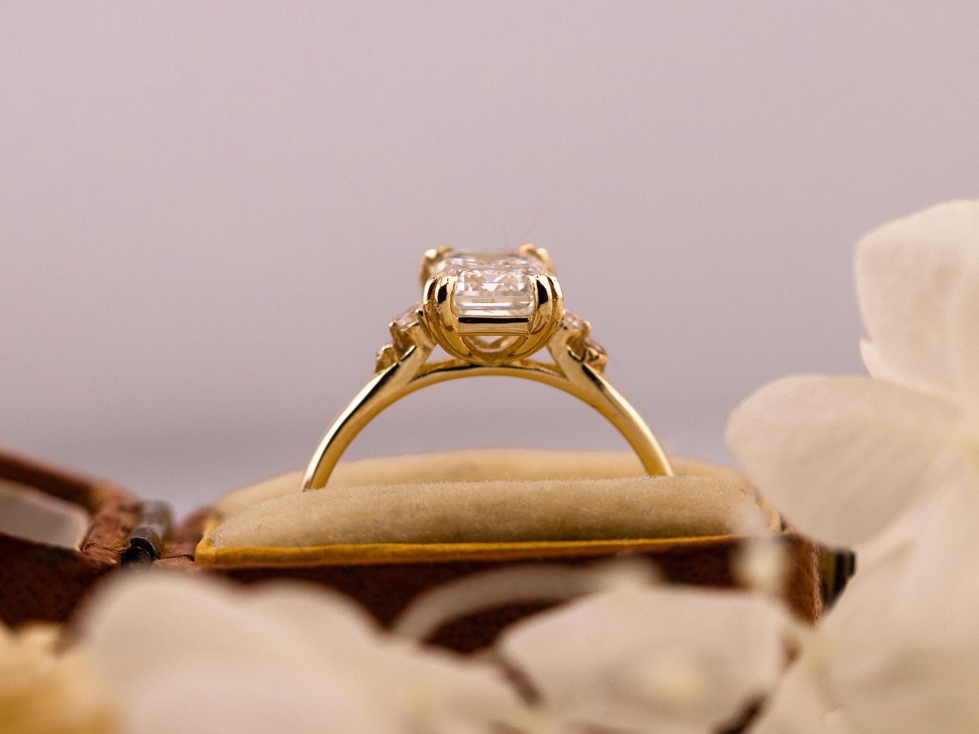 Emerald cut engagement ring with side stones and double claw prongs 14k solid gold lab grown ethical diamonds or moissanite IGI certified