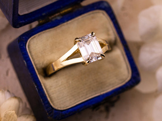 Emerald cut engagement ring split shank claw prong 14k solid gold lab grown ethical diamonds or moissanite IGI certified