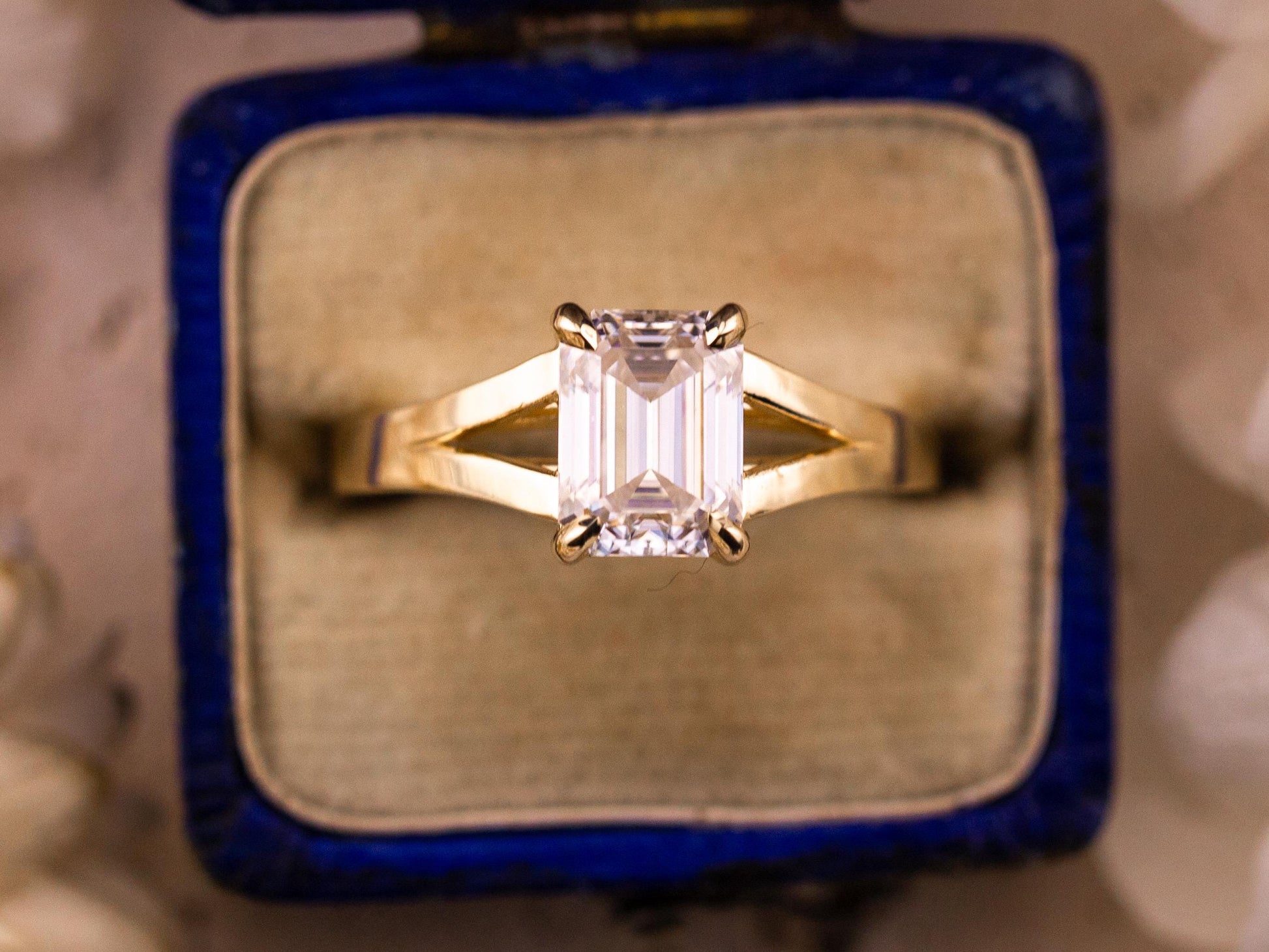 Emerald cut engagement ring split shank claw prong 14k solid gold lab grown ethical diamonds or moissanite IGI certified