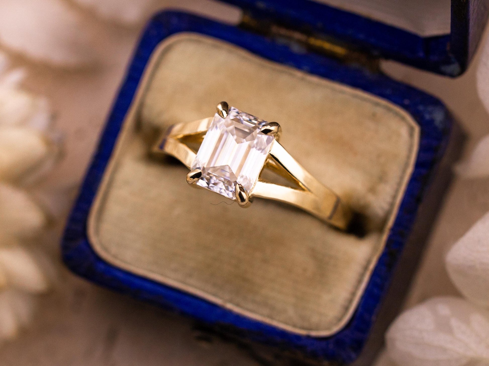 Emerald cut engagement ring split shank claw prong 14k solid gold lab grown ethical diamonds or moissanite IGI certified