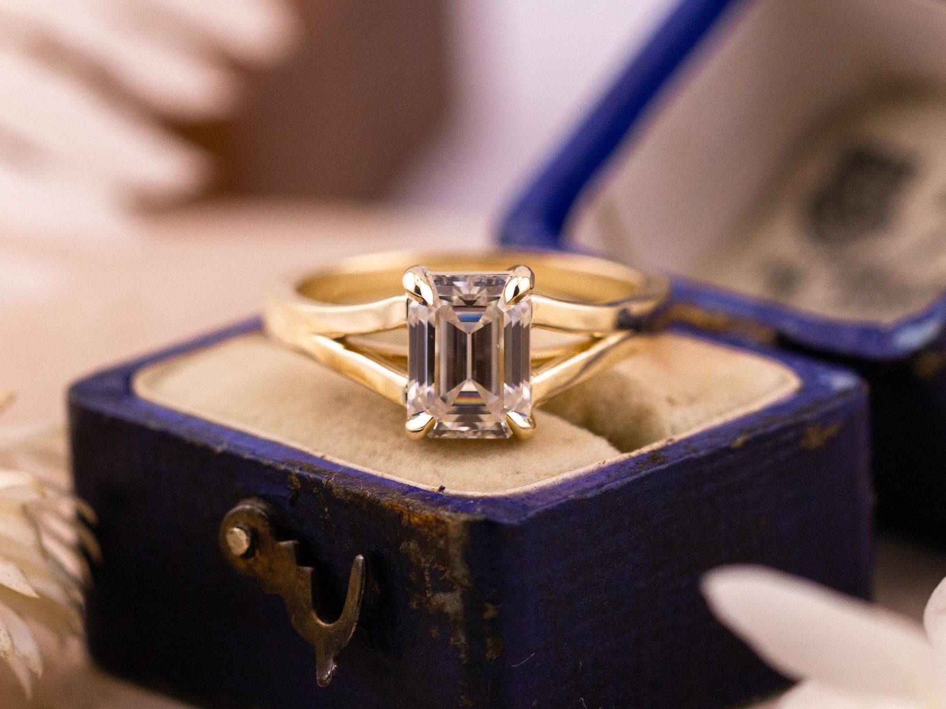Emerald cut engagement ring split shank claw prong 14k solid gold lab grown ethical diamonds or moissanite IGI certified