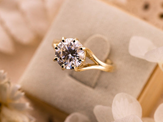 Round cut engagement ring split shank lab grown diamond ring moissonite ring 3 carat 14k solid yellow gold IGI certified vintage inspired