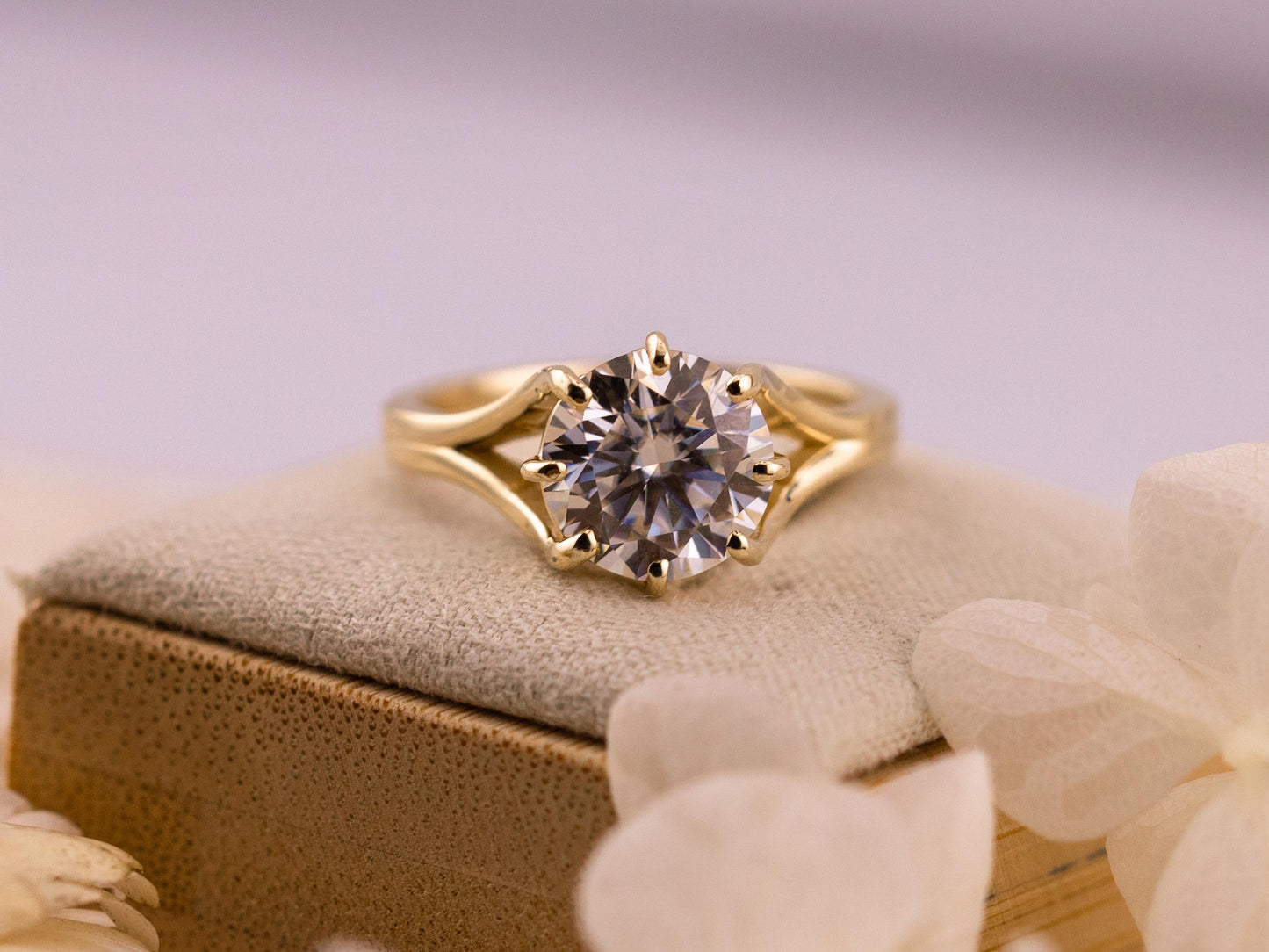 Round cut engagement ring split shank lab grown diamond ring moissonite ring 3 carat 14k solid yellow gold IGI certified vintage inspired