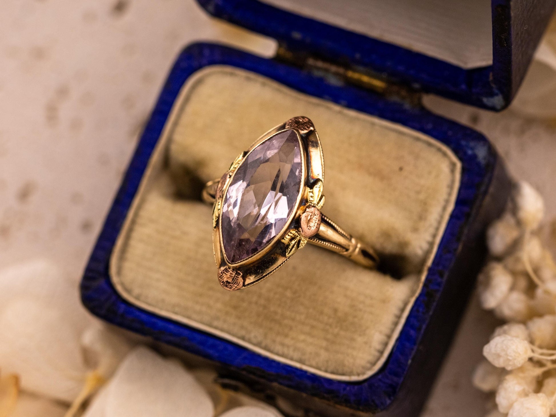 Vintage marquise spinel ring floral 10k solid yellow gold statement or engagement ring, genuine antique vintage marquise cut ring, size 4.5