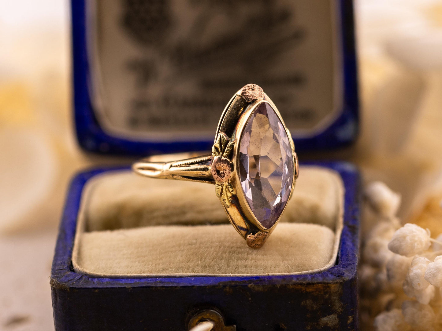 Vintage marquise spinel ring floral 10k solid yellow gold statement or engagement ring, genuine antique vintage marquise cut ring, size 4.5