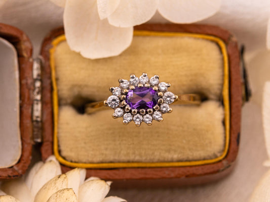 Vintage amethyst ring east to west 9k solid yellow gold ring amethyst halo ring oval cut, Size 7