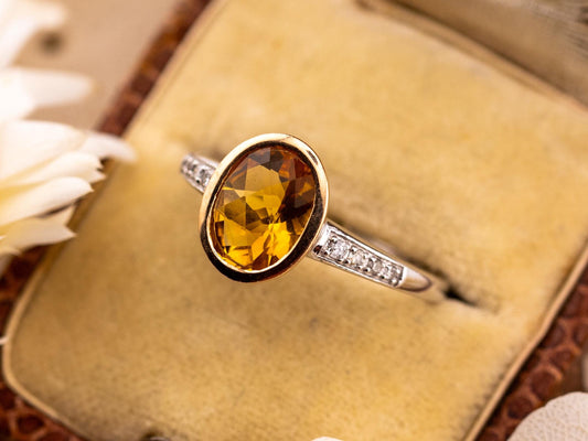 Vintage citrine ring 14k solid yellow gold citrine and diamond ring pave two tone ring November birthstone ring, Size 7