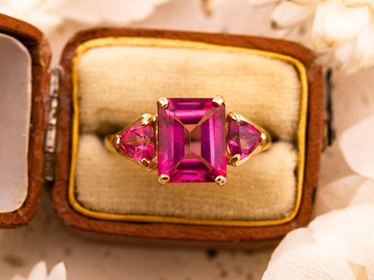 Vintage pink topaz ring emerald cut three stone ring 10k solid yellow gold ring, size 7.25