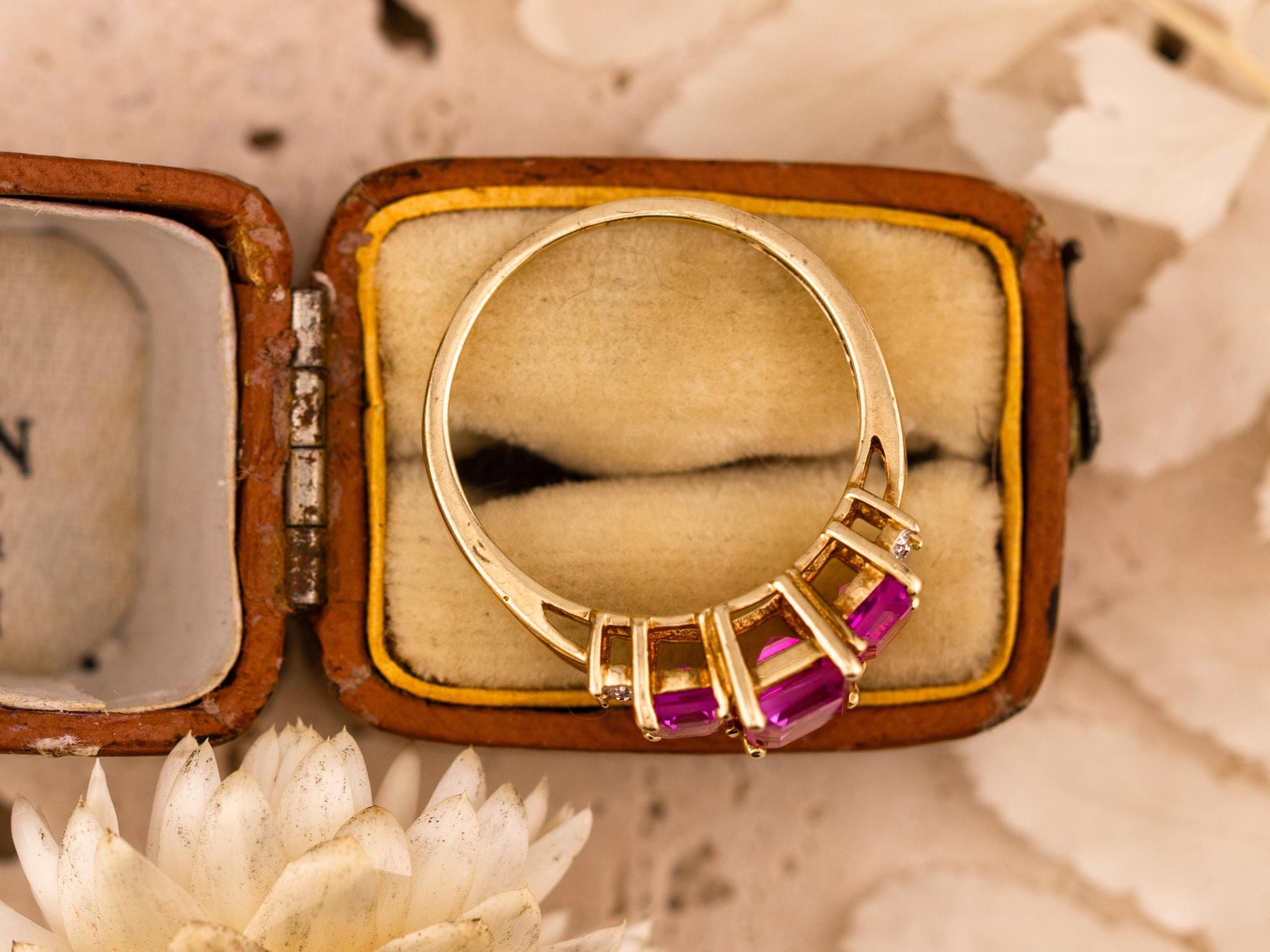 Vintage pink sapphire ring emerald cut three stone sapphire ring 10k solid yellow gold lab grown ethical pink sapphires, size 7