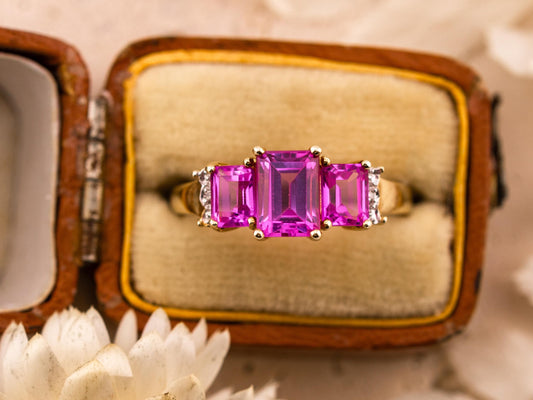 Vintage pink sapphire ring emerald cut three stone sapphire ring 10k solid yellow gold lab grown ethical pink sapphires, size 7