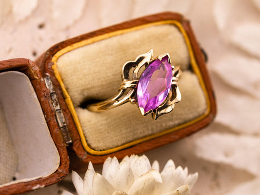 Vintage pink sapphire ring marquise cut ring 10k solid yellow gold ring bypass filigree ring, size 7.5
