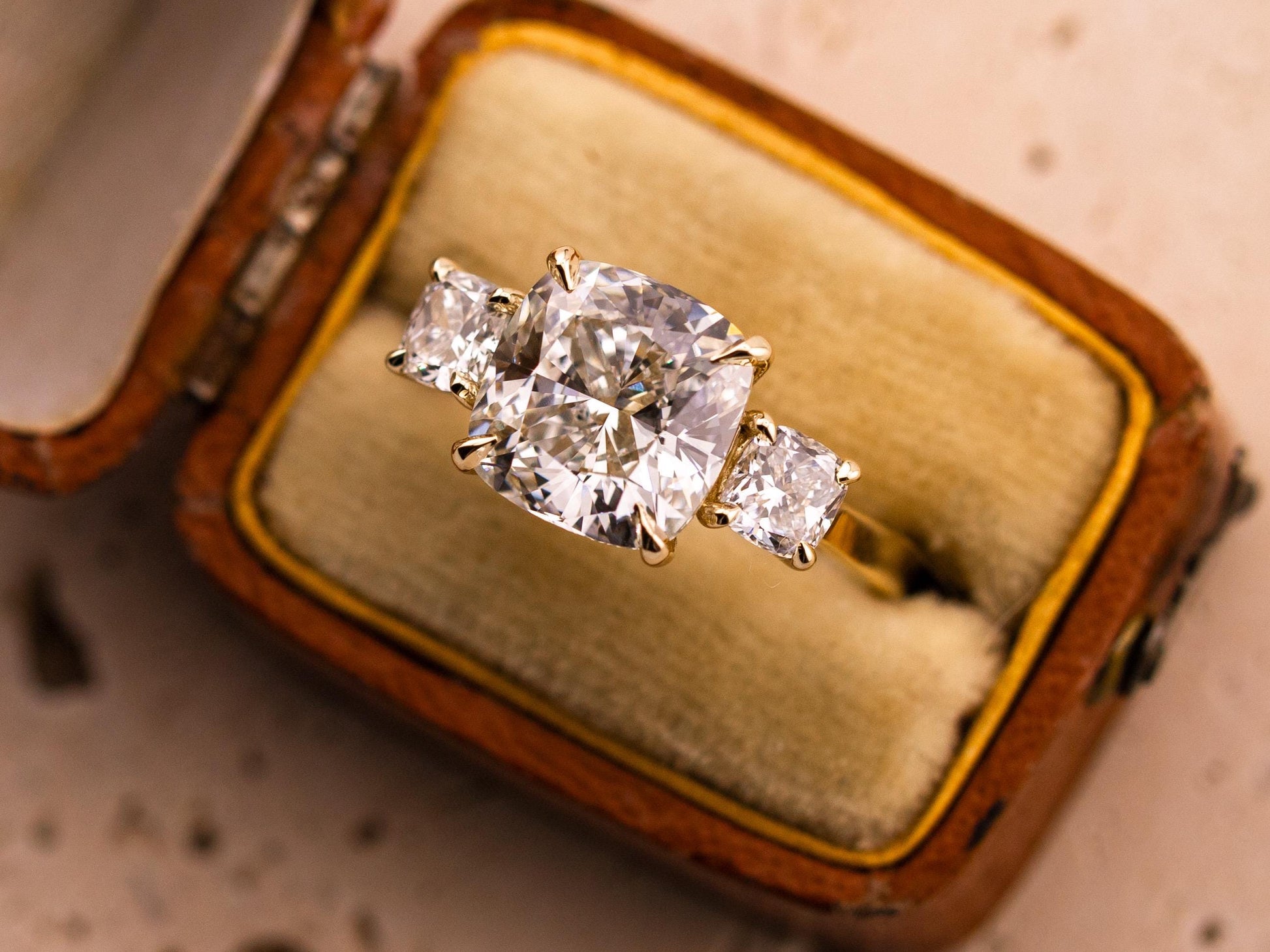 Cushion cut engagement ring three stone engagement ring lab grown diamond ring 3 carat solid gold IGI certified lab grown diamonds