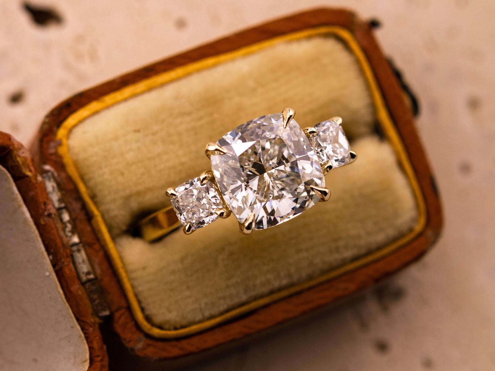 Cushion cut engagement ring three stone engagement ring lab grown diamond ring 3 carat solid gold IGI certified lab grown diamonds