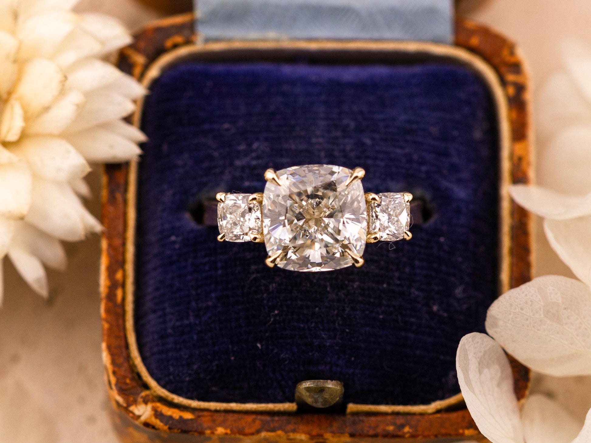 Cushion cut engagement ring three stone engagement ring lab grown diamond ring 3 carat solid gold IGI certified lab grown diamonds