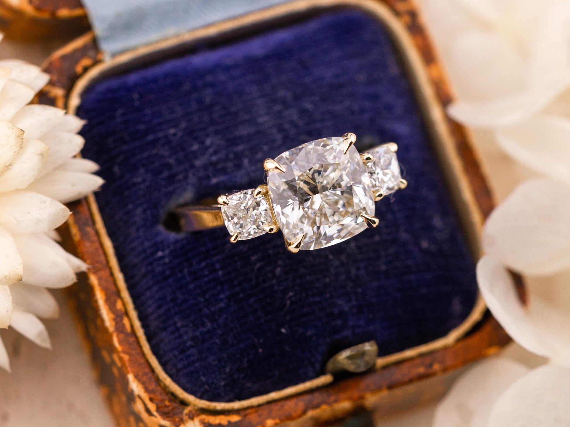 Cushion cut engagement ring three stone engagement ring lab grown diamond ring 3 carat solid gold IGI certified lab grown diamonds