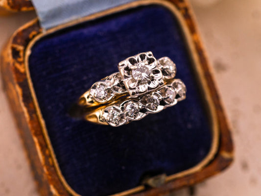 Vintage bridal set engagement ring and wedding band set 14k solid gold old European cut engagement ring antique wedding rings, size 5.5