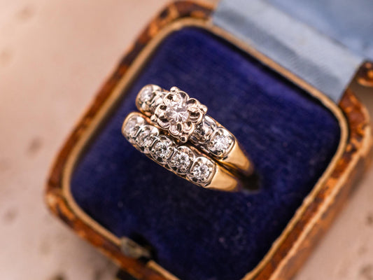 Vintage bridal set engagement ring and wedding band set 14k solid gold two tone ring old European cut round cut antique wedding ring, size 7