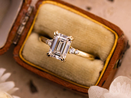 Emerald cut engagement ring with side stones and double claw prongs 14k solid gold lab grown ethical diamonds or moissanite IGI certified