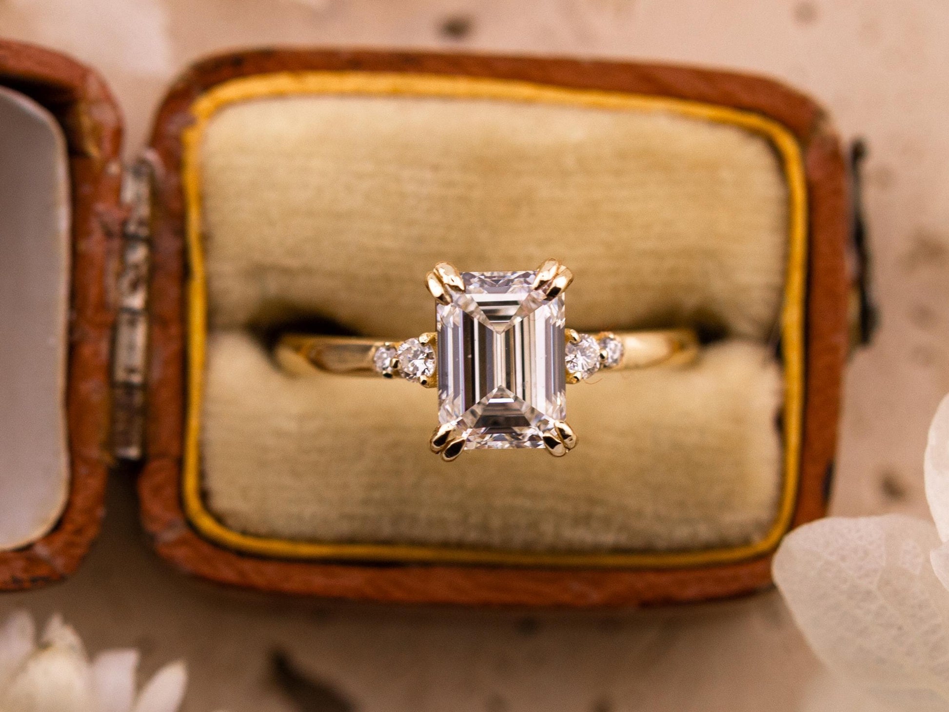 Emerald cut engagement ring with side stones and double claw prongs 14k solid gold lab grown ethical diamonds or moissanite IGI certified
