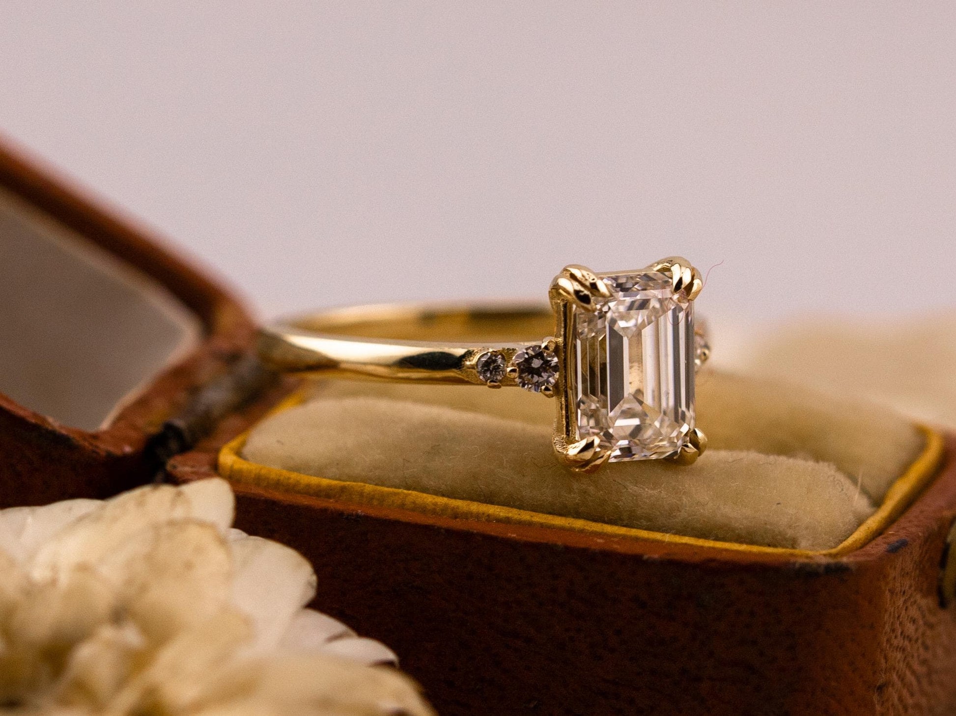 Emerald cut engagement ring with side stones and double claw prongs 14k solid gold lab grown ethical diamonds or moissanite IGI certified