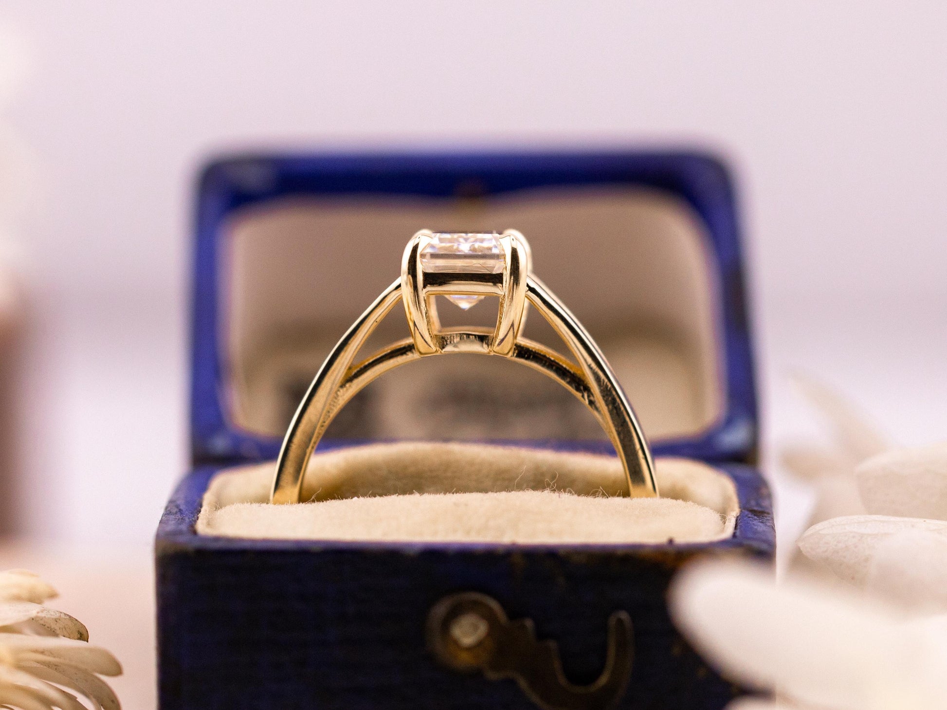 Emerald cut engagement ring split shank claw prong 14k solid gold lab grown ethical diamonds or moissanite IGI certified