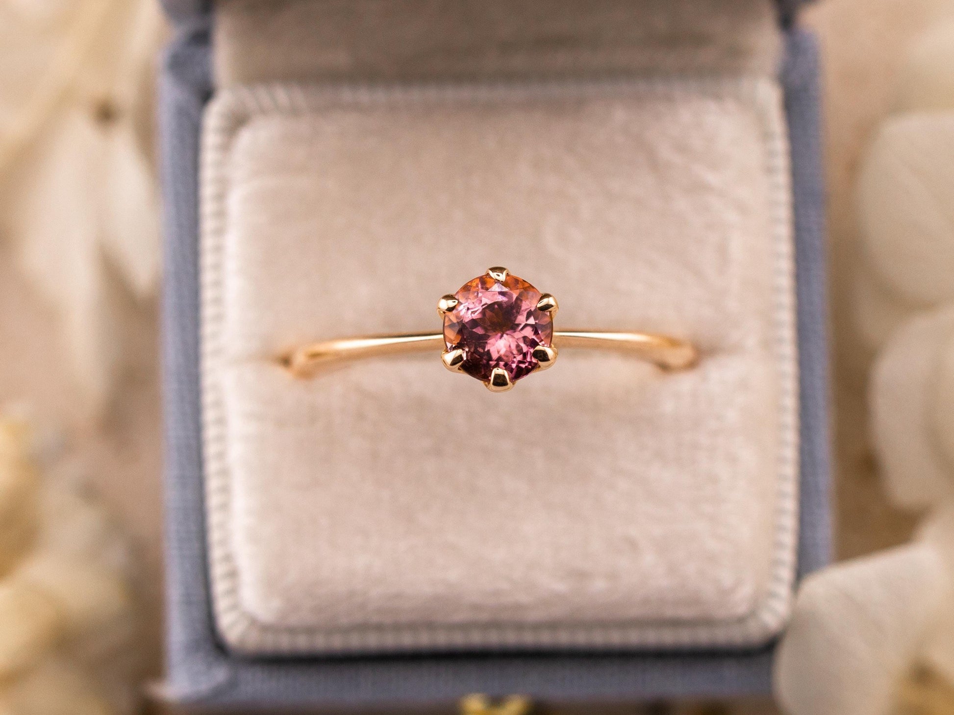 Vintage pink tourmaline ring 9k solid rose gold round cut solitaire ring, size 10