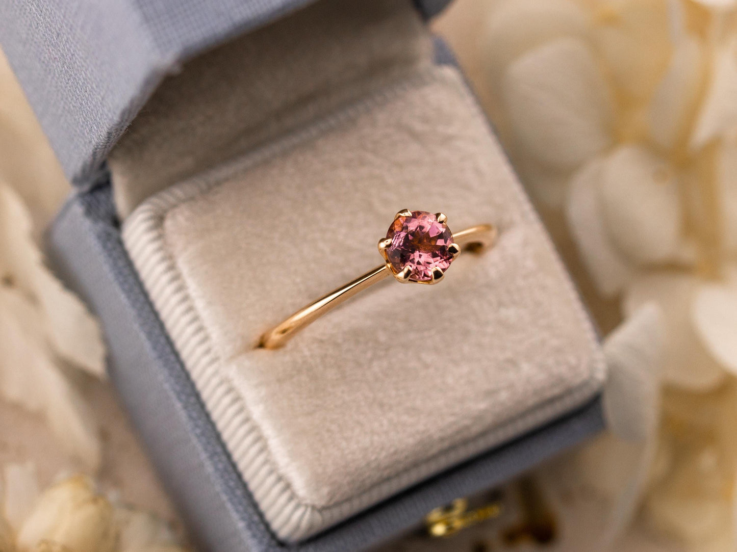 Vintage pink tourmaline ring 9k solid rose gold round cut solitaire ring, size 10