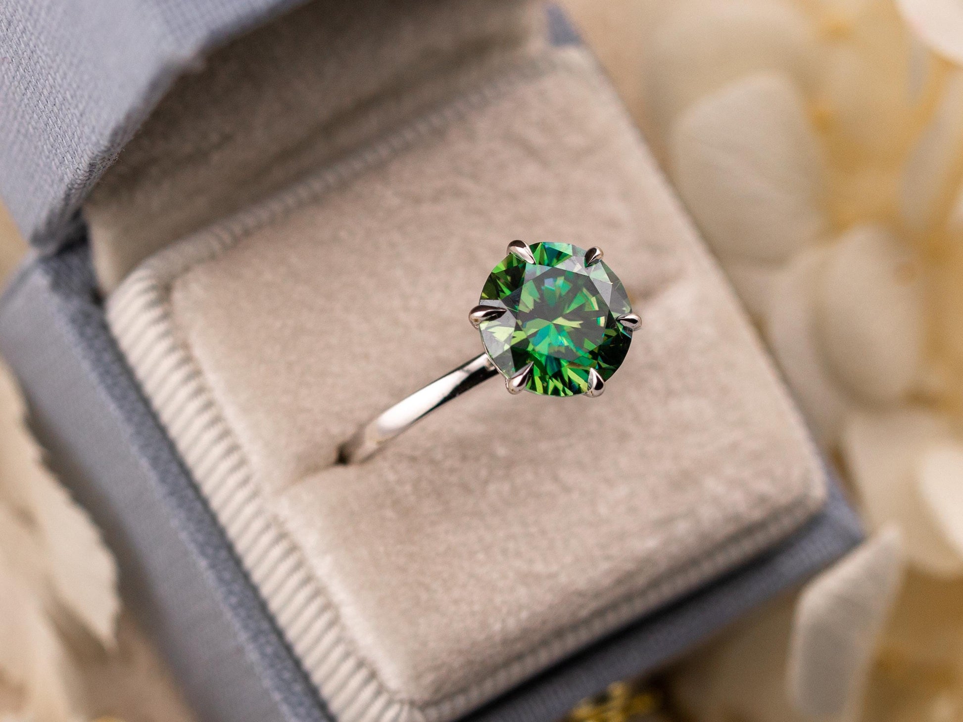 Blue moissanite engagement ring 3 carat round cut 10k solid white gold ring blue teal green moissanite ring, size