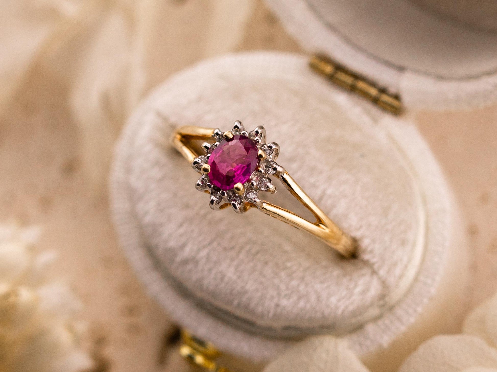 Vintage ruby ring oval cut halo ring 10k solid yellow gold ring vintage pink ring split shank ring, size 7