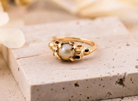 Vintage pearl ring 14k solid yellow gold statement or engagement ring genuine antique ring vintage ring, size 5